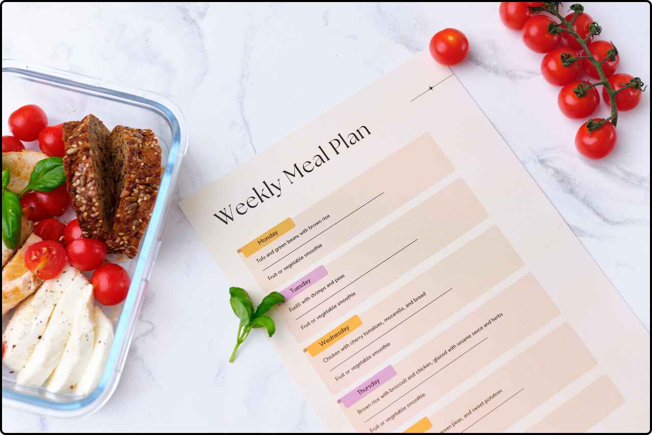 Weekly meal plan with colorful meal images and text.